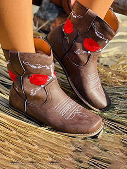 Latest Rose Embroidery  Chunky  Ankle Boots  For Women