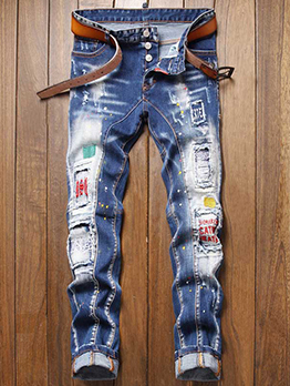 Personality Letter Embroidery Mid Waist Jeans Men 