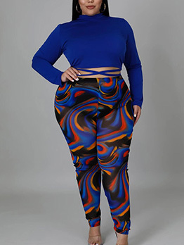 Plus Size Solid Top With Print Long Pants 
