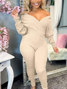 Sexy Solid V Neck Long Sleeve Jumpsuit