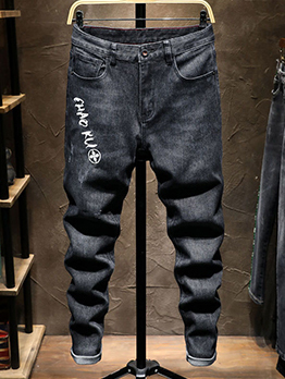 Fall Letter Ruched Pencil Jeans For Men 