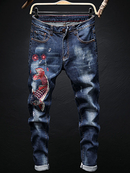 Autumn Fish Embroidery Mid Waist Denim Jeans Men 