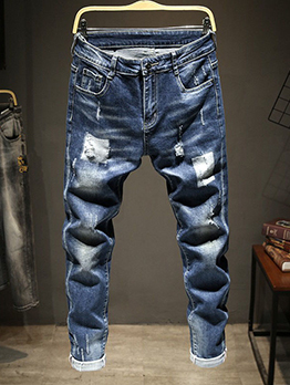 Popular Ripped Ruched Straight Denim Long Pants 