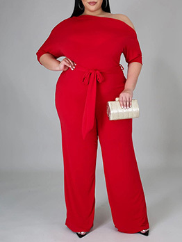 Fashion Solid Inclined Shoulder Plus Size Jumpsuits
