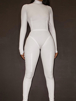 Sexy White Solid Long Sleeve Mock Neck Jumpsuit