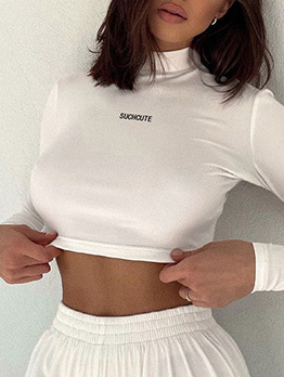 Mock Neck Letter Cropped Sexy T Shirt 