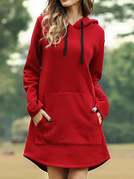 Stylish Casual Pure Color Pocket Hoodies Dresses