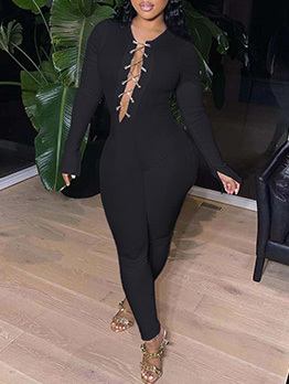 Sexy Chain V Neck Long Sleeve Skinny Jumpsuits