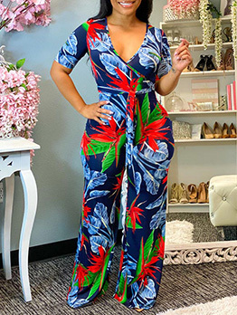 Fashion Summer Printed Casual Short Sleeve Jumpsuit