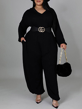 Casual Baggy Solid V Neck Plus Size Jumpsuits