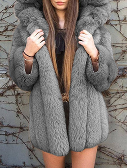 Fluffy Hooded Collar Ladies Faux Fur Coat