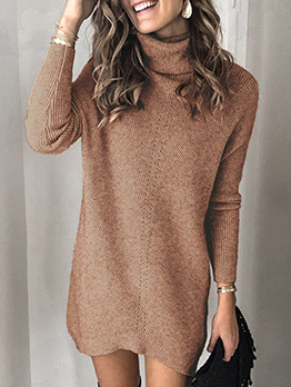 High Neck Knitted Sweater Long Sleeve Dress