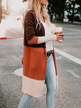 Fall Knitted Contrast Color Cardigan Long Coat