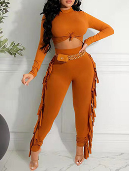 Casual Matching Fringe Top And Trouser Sets For Women