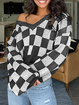 Plaid Casual Fashion V Neck Pullover Sweater