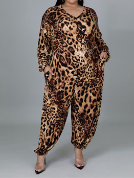 Leopard Printed Plus Size Long Sleeve Jumpsuits