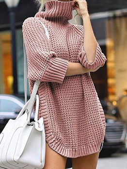 Fall High Neck Casual Knitted Sweater Dresses