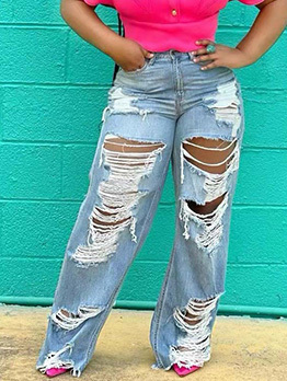 Fashionable Hollow Out Ripped Long Jeans