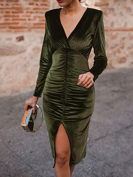 Elegant Ruched Deep V Long Sleeve Green Dress