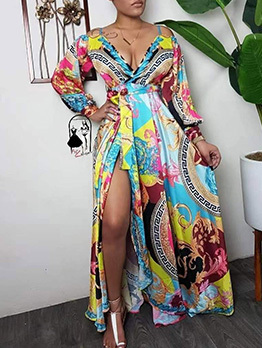 Printed Fashion V Neck Bohemian Style Maxi Dresses