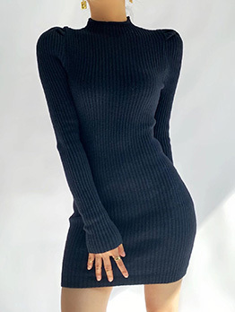 Fitted Simple Solid Long Sleeve Knitted Dress