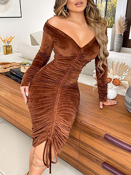 Ruched Solid Off The Shoulder Long Sleeve Dress