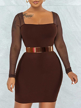 Square Neck Solid Long Sleeve Bodycon Short Dress