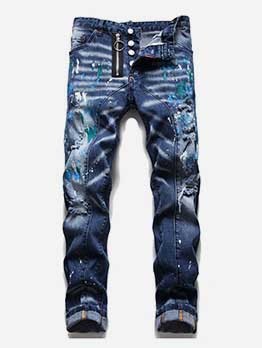 Stylish Mid Waist Ripped  Blue Jeans Pant For Men