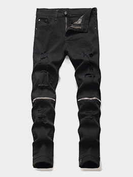 Pure Color Ripped Black Zipper Jeans Pants For Men