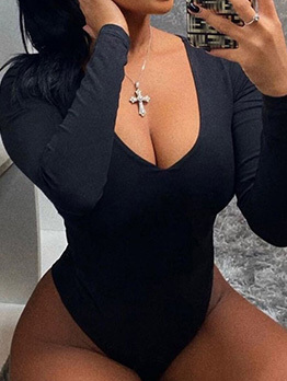 Sexy V Neck Fitted Plus Size Black Bodysuits