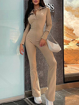 Solid Polo Collar Long Sleeve Wide Leg Jumpsuit 