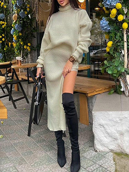 Casual High Neck Top And Slit Long Skirt Sets