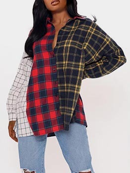 Street Contrast Color Plaid Long Sleeve Oversized Blouse 