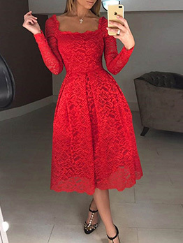Eye-Catching Long Sleeve Square Neck Red Dress