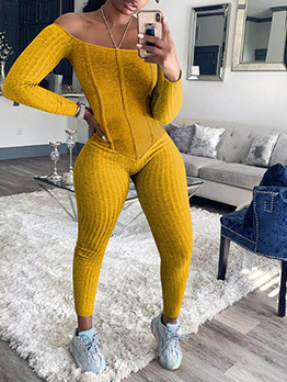 Off The Shoulder Solid Long Sleeve Jumpsuit For Women