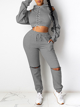 Trendy Cold Sleeve Hoodie Top And Ripped Pant Sets