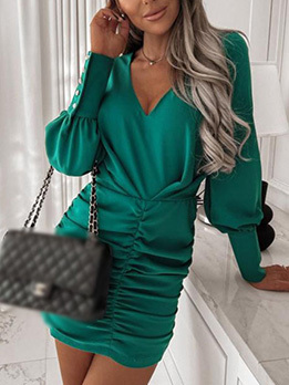 Fall Solid V Neck Long Sleeve Pleated Dress