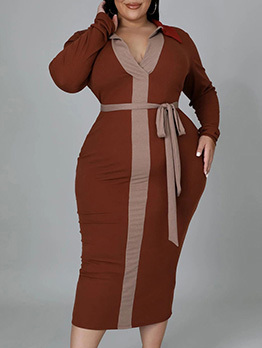 Contrast Color Fitted Plus Size Long Sleeve Midi Dress