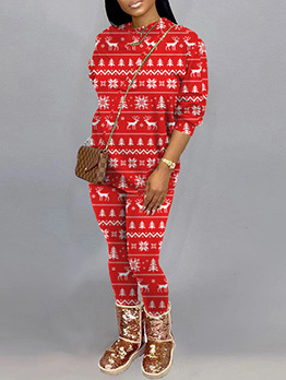 Casual Plus Size Ladies Christmas Top And Pant Sets