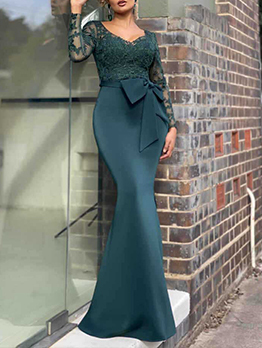 Elegant Patchwork Lace Bow Evening Dress