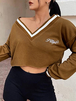 Trendy Embroidery V Neck Long Sleeve Cropped Women Sweatshirt