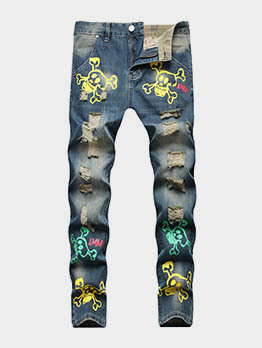 Personality Skull Straight Ruched Hole Denim Jeans 