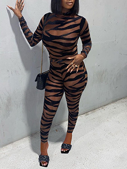 Sexy Leopard  Printed See Through Long Sleeve Women Jumpsuit