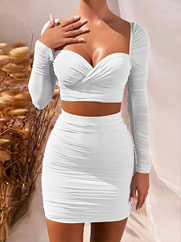 Solid Fitted Sexy V Neck Crop Top And Skirt Set