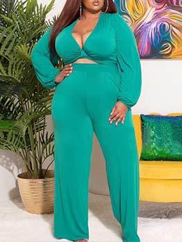 Plus Size Solid V Neck Two Piece Outfits 