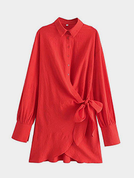 Modern Red Turn-Down Collar Long Sleeve Dress