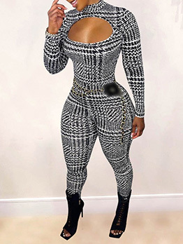 Sexy Houndstooth  Hollow Out Long Sleeve Women Jumpsuit