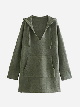 Casual Solid Hooded Collar Loose Green Sweater