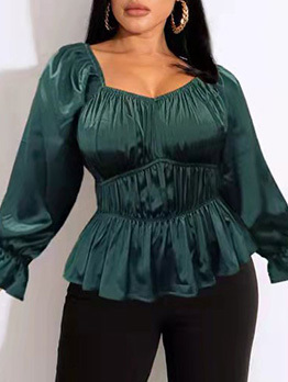 Pure Ruched Plus Size Flare Sleeve Blouse Women 