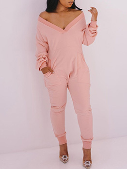 Sexy Deep V Neck Pockets Solid Casual Jumpsuits